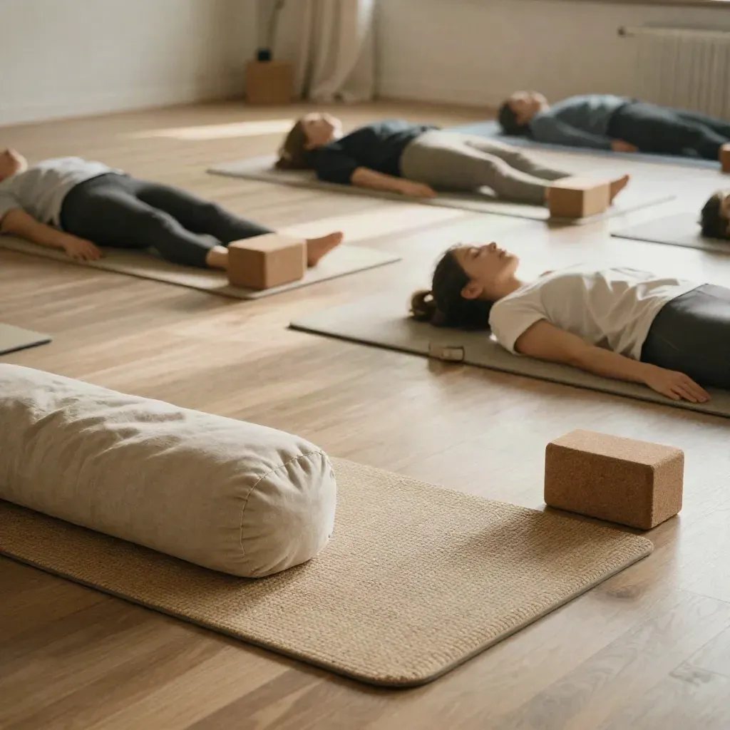 Leerer Yogaraum mit Mattenreihen, Bolstern, Blöcken und Holzlautsprecher im warmen Licht.