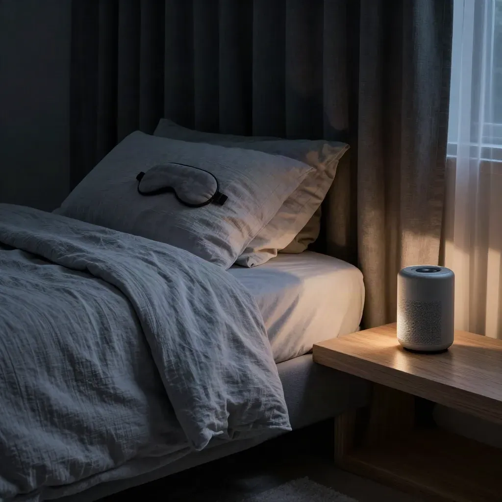Dunkles Schlafzimmer mit Bett, Schlafmaske und kleinem Lautsprecher im Abendlicht.