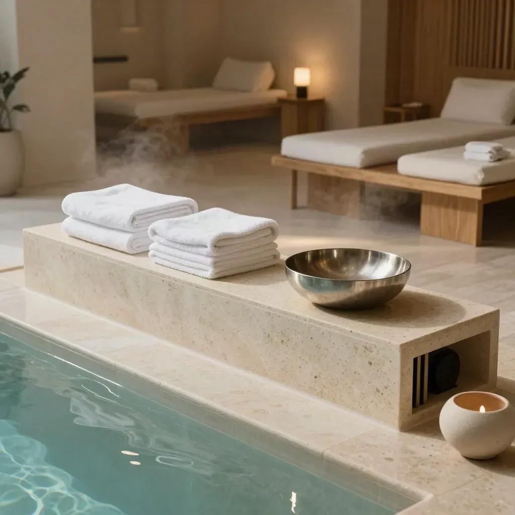 Leere Wellness-Lounge mit Steinbank, Handtüchern, Wasserreflexen und warmem Dampf