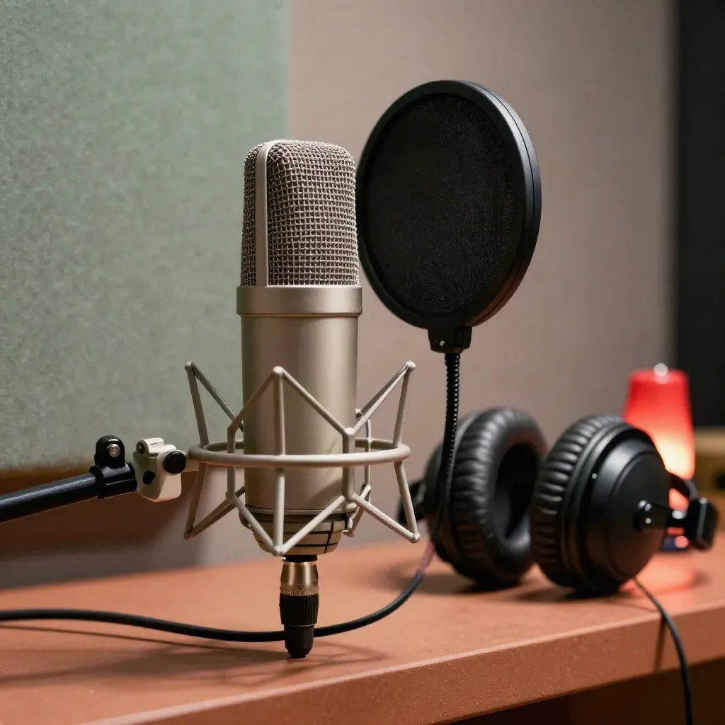 Mikrofon, Popfilter, Kopfhörer und rotes Aufnahmelicht im gedimmten Tonstudio.