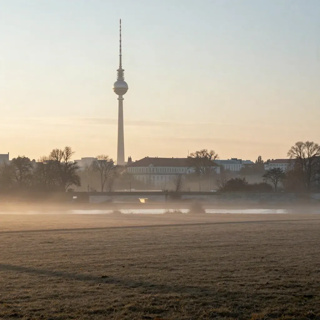 Berliner Fernsehturm über der Spree im Morgennebel mit viel ruhiger Fläche