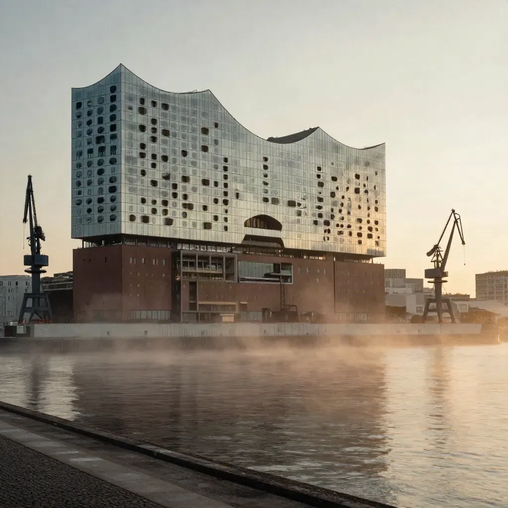 Elbphilharmonie und Hafenkräne im warmen Abenddunst über ruhigem Wasser
