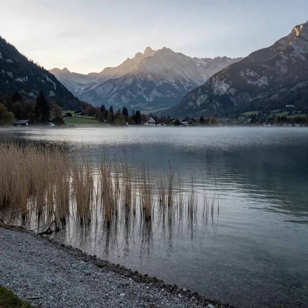 Zugspitze über stillem Seeufer im Morgennebel, Alpenlandschaft mit ruhigem Wasser