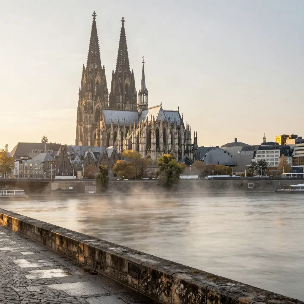 Kölner Dom über dem Rhein im goldenen Dunst, darunter ruhiges Wasser und viel freie Fläche.