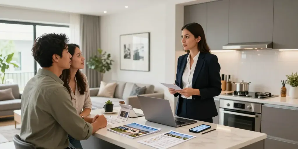 Professioneller Immobilienmakler zeigt modernes Apartment in Frankfurt, ideal für Käufer - Bester Immobilienmakler Frankfurt