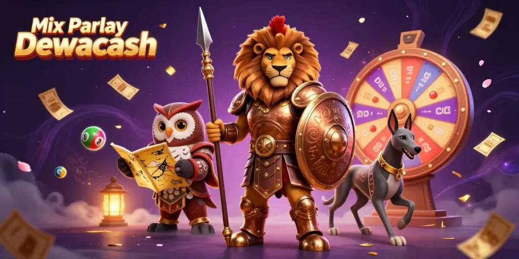 Engage in the excitement of Mix Parlay Dewacash with vibrant lottery elements and a heroic scene.