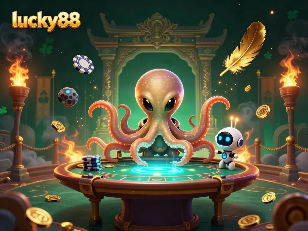 Engage in lucky88 gaming excitement with a whimsical octopus and robot at a vibrant poker table.