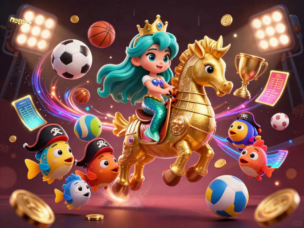 Bet on net88 with a vibrant scene featuring a mermaid princess and seahorse in a dynamic sports betting atmosphere.