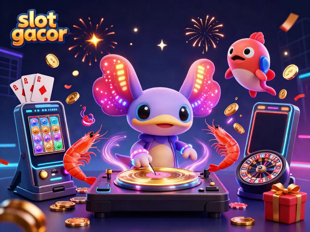 Experience slot gacor excitement with a neon-colored axolotl DJ, dancing shrimp, and a vibrant casino atmosphere.