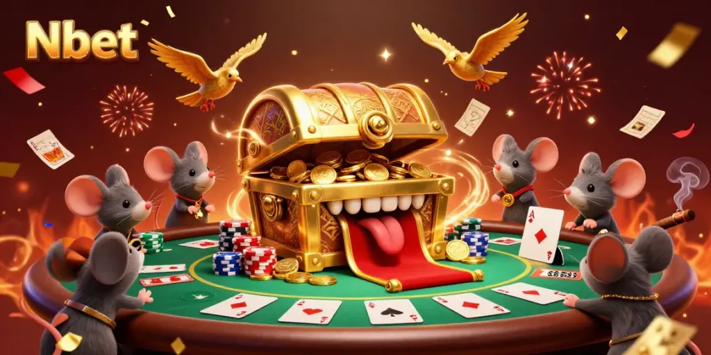 Engaging Nbet promotion showcasing a golden treasure chest attracting mice amidst a vibrant casino scene.