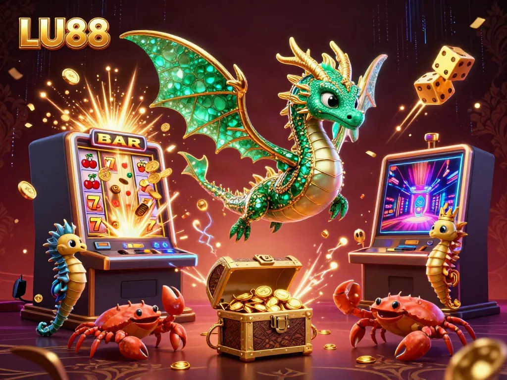 Engage in thrilling gameplay at LU88 with the vibrant sea dragon and dynamic casino elements swirling around.