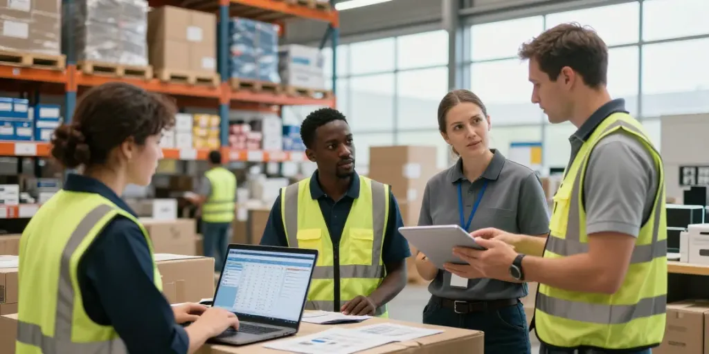 Effiziente Lagerlogistik in Stuttgart mit einem Team, das an der Warenverwaltung arbeitet.
