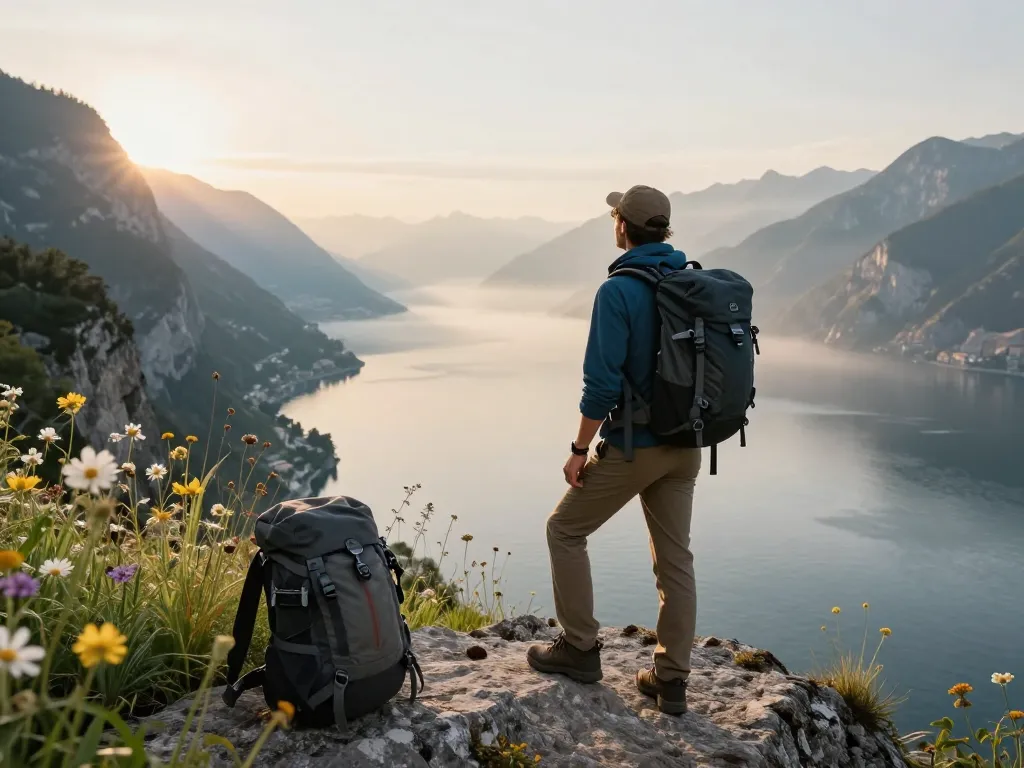 Gardasee Reisetipps, die einen Reisenden am Gardasee während des Sonnenaufgangs mit atemberaubenden Landschaften zeigen.