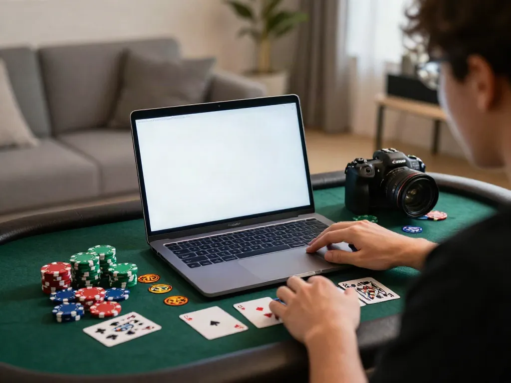 Player immersed in da88 online casino gaming, vibrant scene with poker chips and cards