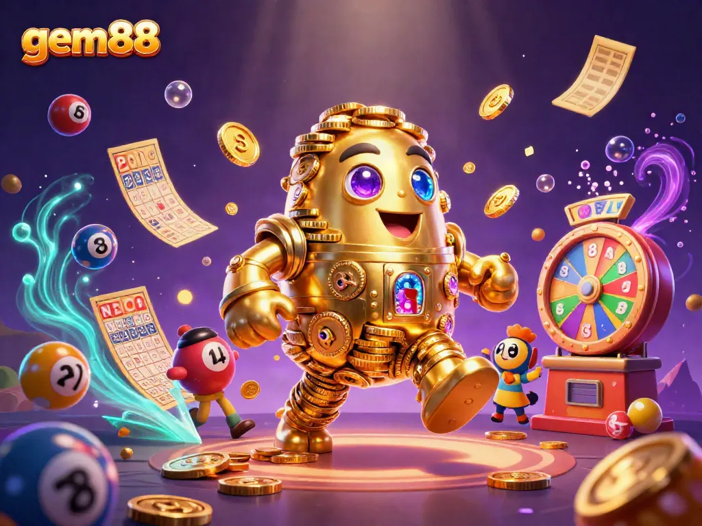 Experience thrilling action with gem88, featuring a vibrant casino scene full of golden coins, lottery balls, and exciting elements.