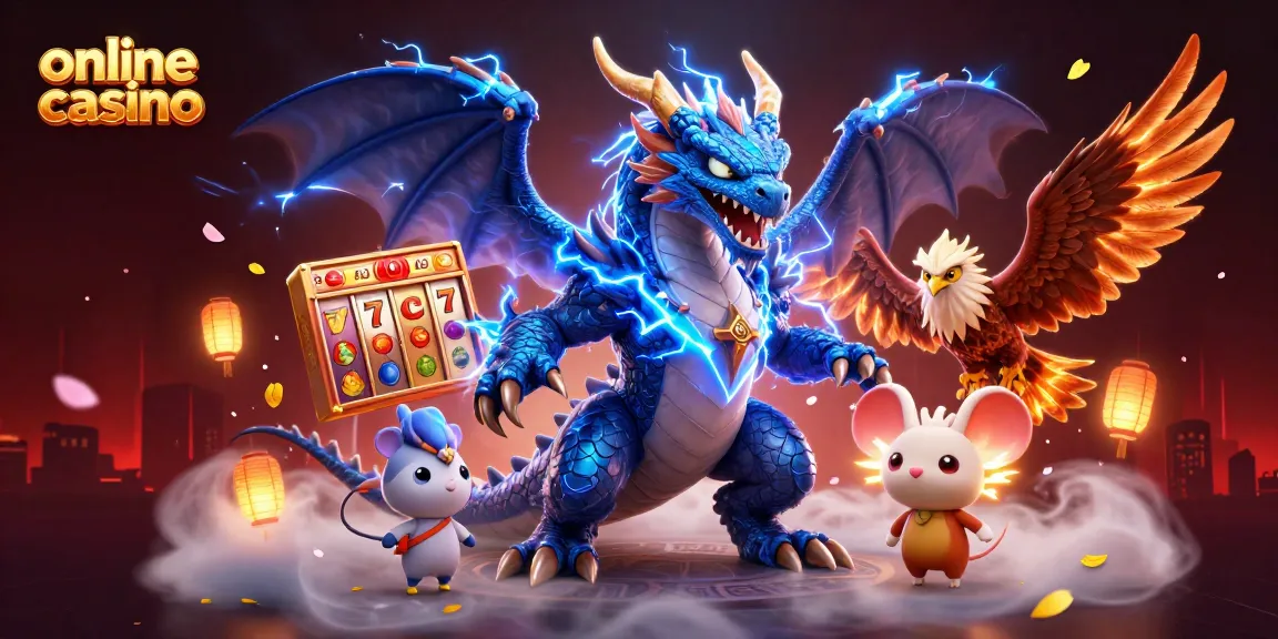 Experience the excitement of an online casino with vibrant slot reels and dynamic characters in action.