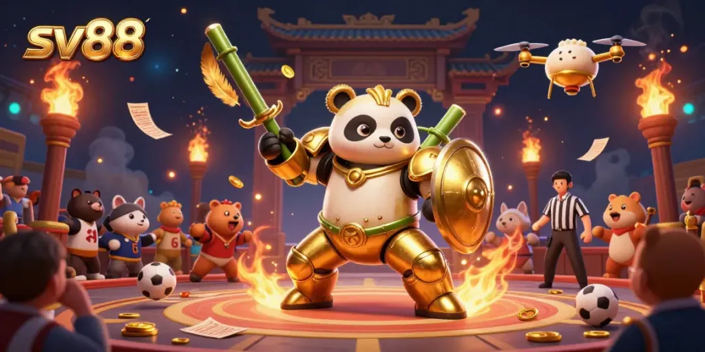 Experience thrilling sports betting with sv88 in this vibrant 3D illustration featuring a golden panda and dynamic betting elements.