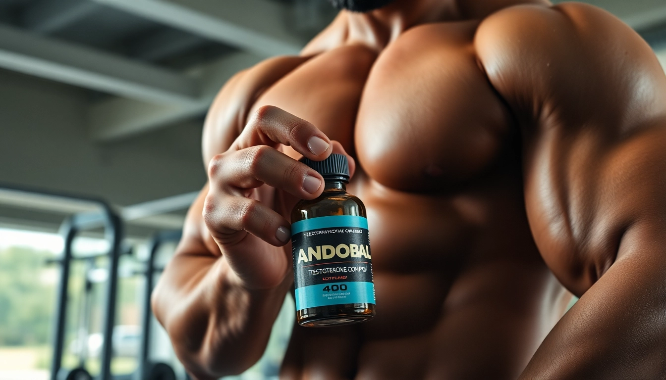 Androbal 400 Testosterone Compound presented by a professional bodybuilder in a gym atmosphere.