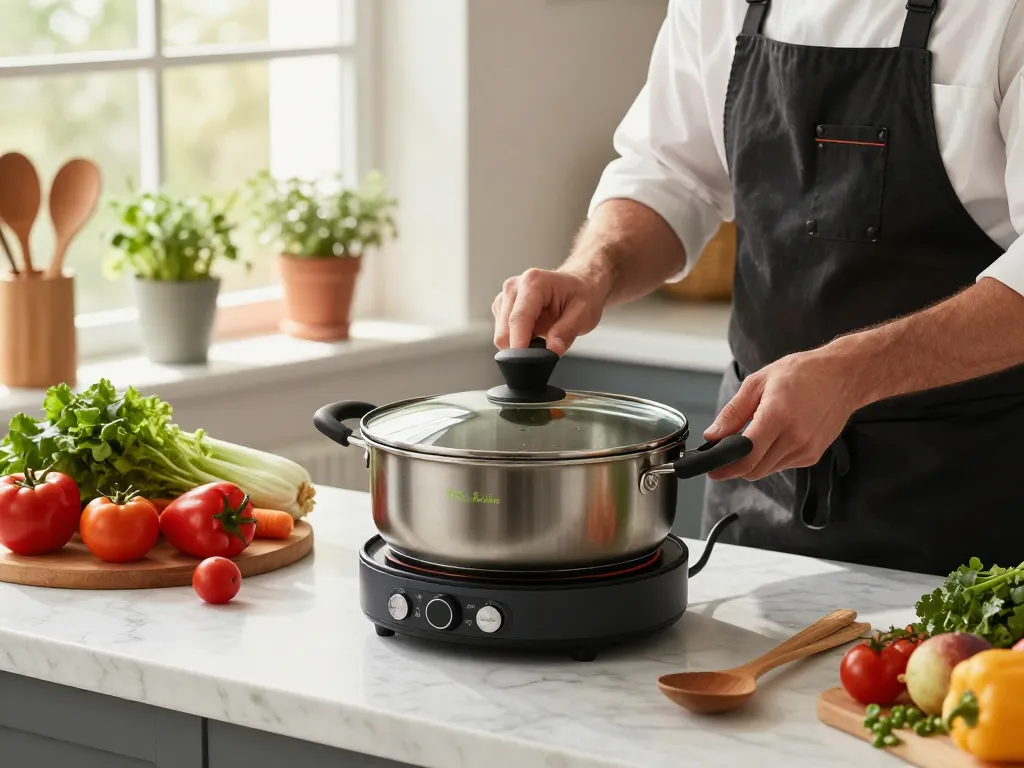 Hochwertiges GreenKitchen Induktionstopf-Set, das den besten Kochtopf für Induktion mit lebhaften Gemüse in einer modernen Küche zeigt.