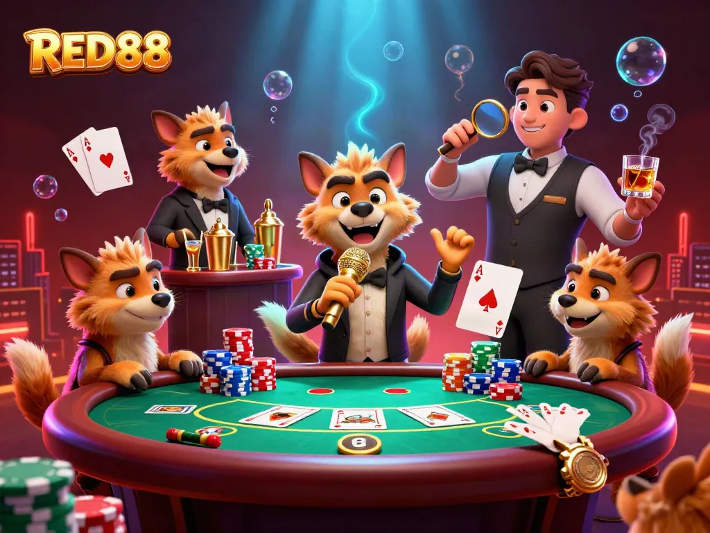 Catch the vibrant essence of RED88 with hyenas running a lively casino club, juggling cards and drinks.