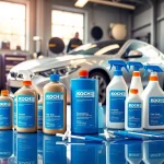 Koch Chemie Produkte auf einem glänzenden werkstatt Tisch dekoriert.