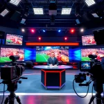 Engaging scene of sports broadcasting showcasing advanced equipment and an energetic atmosphere.