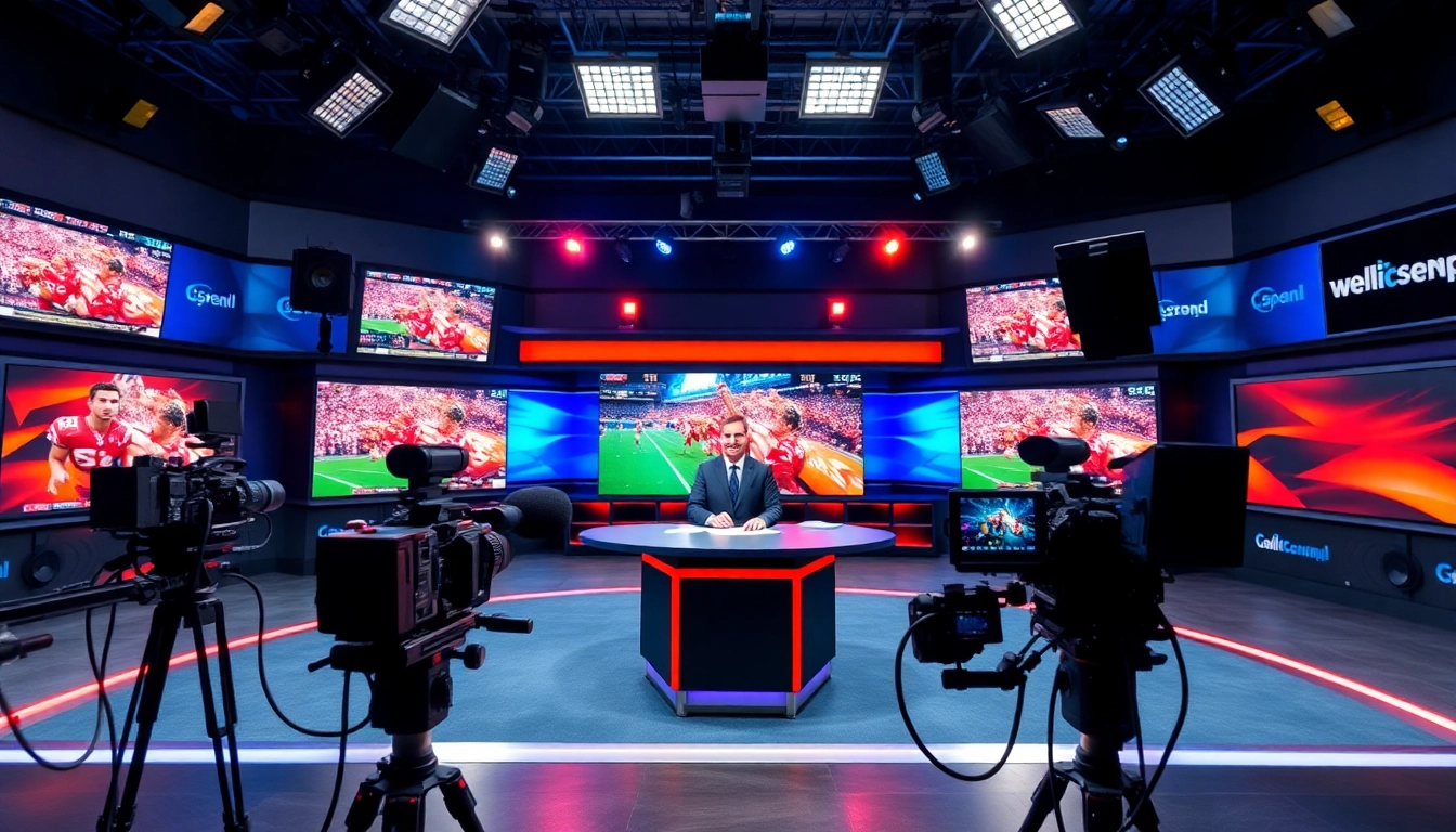 Engaging scene of sports broadcasting showcasing advanced equipment and an energetic atmosphere.