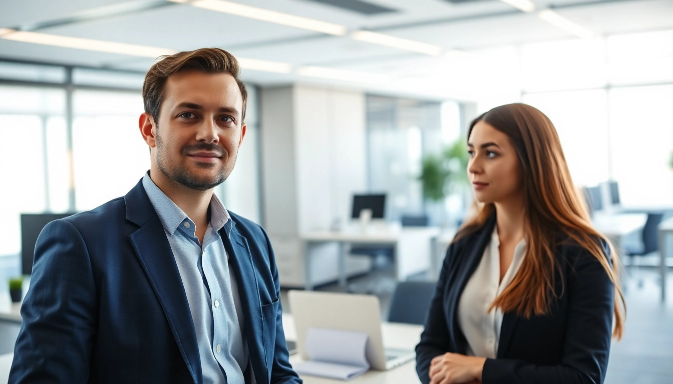 Headhunter IT in a modern office setting, consulting a candidate about their career.