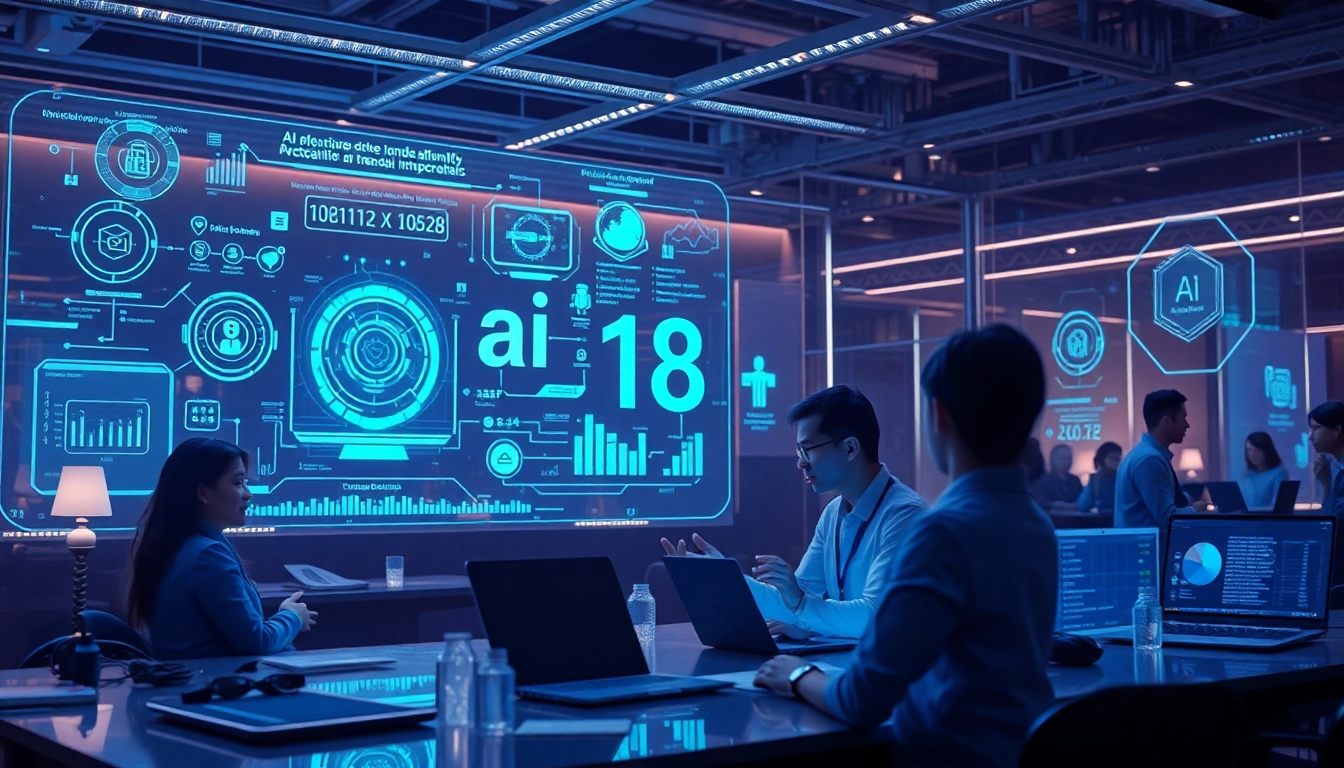 Futuristic workspace showcasing ai 18+ features with adults using advanced AI interfaces.