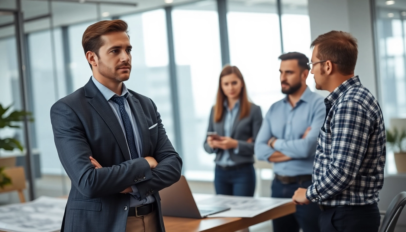 Headhunter Ingenieure im Gespräch mit einem Ingenieur in einem modernen Büro.