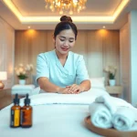 전문 치료사가 고요한 호텔 객실에서 차분한 마사지를 제공하는 평택출장마사지 이미지